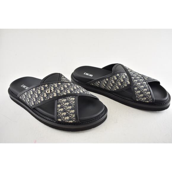 Dior Mens Aqua Sandal Beige Black Blue Oblique Jacquard Logo Slide Slip On 42 9 - Picture 4 of 16